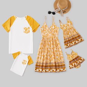 100% Cotton Floral Print Yellow Family Matching Sets(Sling V-neck Dresses for Mom and Girl)