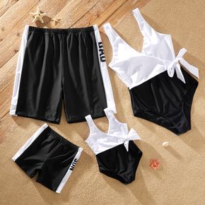 Solid Black and White Splice Series Family Matching Swimsuits(One-piece Side Tie Tank Swimsuits for Mom and Girl ; Swim Trunks for Dad and Boy)