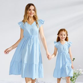 100% Cotton Solid Color Matching Blue Midi Dresses