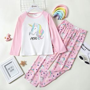 2-piece Kid Girl Pajamas Set, Unicorn Letter Print Long-sleeve Top and Rainbow Star Print Elasticized Pants Sleepwear Set