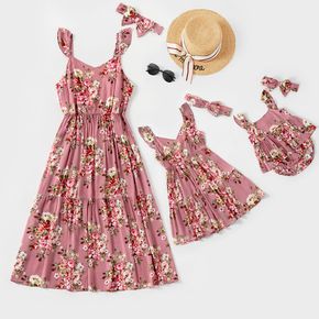 Mosaic Floral Print Sleeveless Matching Pink/Black/Cyan Midi Sling Dresses