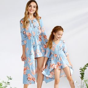 Floral Print Long-sleeve Matching Blue Maxi Romper Dresses