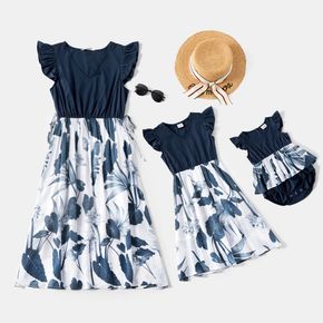 Solid Stitching Floral Print Matching Navy Midi Dresses
