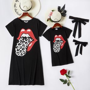 Leopard Tongue Print Short-sleeve Matching Black Midi Dresses