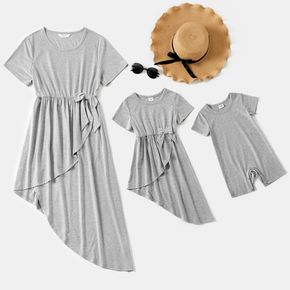 Solid Short-sleeve Matching Grey Midi Dresses