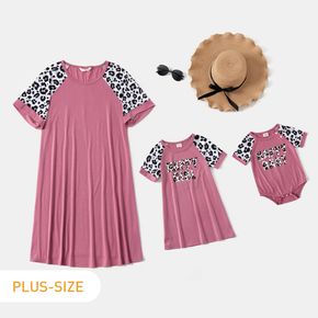 Leopard und Buchstabedruckes Spleiß Kurzhülse Kleider rosa midi plus Größenanpassung