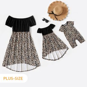 Leopard Splicing Short Sleeve Strapless Dress Romper for Mommy and Me