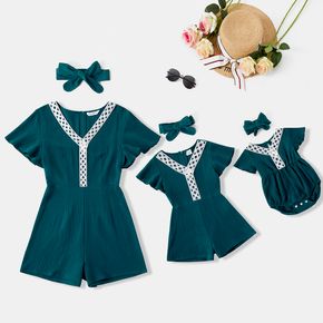 100% Cotton Crepe Lace Splicing Solid V Neck Ruffle Short-sleeve Romper Shorts for Mom and Me