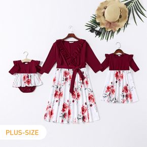 Solid Splice Allover Plant Print Three-quarter Length sleeve Matching Plus Size Dresses