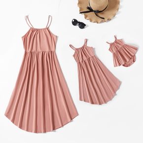 Solid Sleeveless Matching Pink Midi Sling Dresses