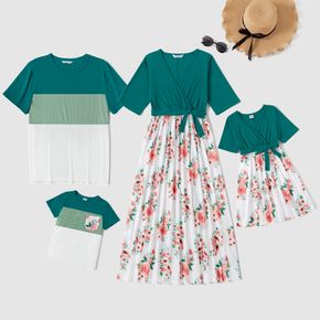 Floral Print Color Block Splice Family Matching Green and White Sets