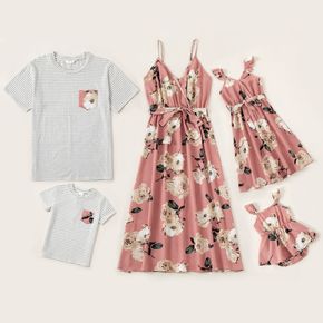 Floral Print Pink Family Matching Sets(Sleeveless Dresses for Mom and Girl ; 100% Cotton Stripe Short Sleeve T-shirts for Dad and Boy）