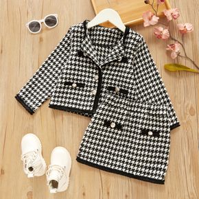 2-piece Toddler Girl Houndstooth Tweed Lapel Collar Button Design Jacket Coat and Skirt Set
