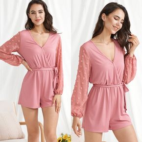 Solid Mesh Splice V-neck Long-sleeve Shorts Rompers