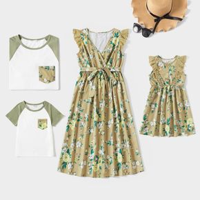 Family Matching Floral Print Ruffle Flutter-sleeve Dress and Raglan Short-sleeve T-shirts Set