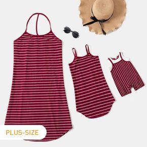 Striped Sleeveless Matching Red Midi Sling Plus Size Dresses