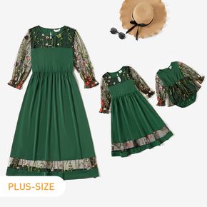 Floral Embroidered Long-sleeve Green Dress for Mommy and Me