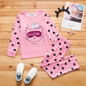 2-piece Kid Girl Pajamas Set, Letter Cat Heart Print Long-sleeve Top and Elasticized Pants Sleepwear Set