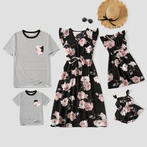 Floral Print Black Family Matching Sets(Ruffle Sleeve Dresses for Mom and Girl;Striped Short Sleeve T-shirts for Dad and Boy)