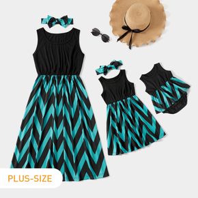 Chevron Stripe Print Blue and Black Splicing Sleeveless Tank Dress for Mom and Me