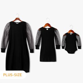Polka Dots Print Mesh Long-sleeve Matching Black Midi Dresses