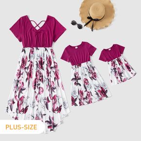Floral Print Splice Short-sleeve Matching Crimson Midi Dresses