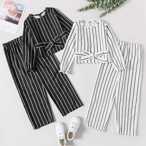2-piece Kid Girl Striped Bowknot Long-sleeve Top and Elasticized Pants Casual Set
