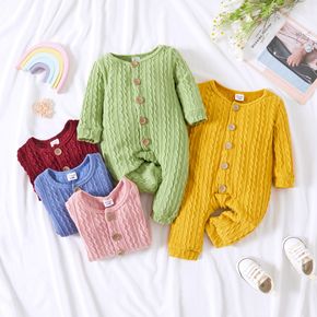 Baby Girl Solid Knit Long-sleeve Button Front Jumpsuit