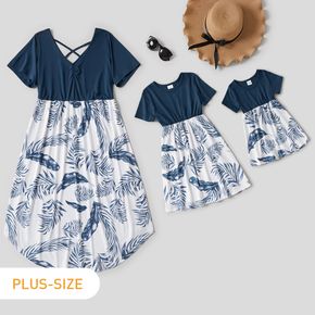 Leaves Print Navy Blue Short Sleeve Splicing Midi Dress for Mom and Me