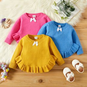 Baby Girl Solid Round Neck Long-sleeve Ruffle Hem Knitted Sweater Pullover