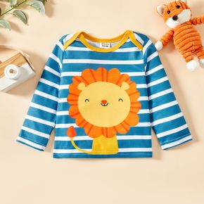 Baby Boy Cartoon Lion and Blue Stripe Print Long-sleeve T-shirt Top