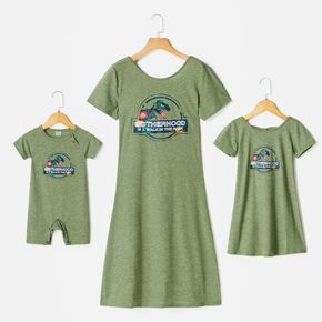 Letter and Dinosaur Print Short-sleeve Matching Green Midi Dresses