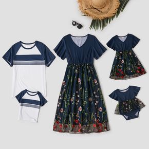 Embroidered Floral Family Matching Blue Sets
