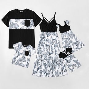 Family Matching Splicing Leaves Print Dresses and Short-sleeve T-shirts Sets