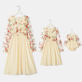 Floral Print Long-sleeve Matching Apricot Dresses
