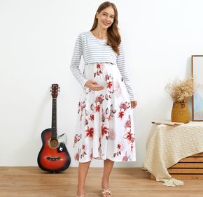 Nursing Stripe Floral Print  2 In 1 Long-sleeve Maternity Dress