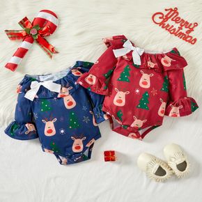 Baby Girl 2pcs Christmas Deer and Tree Print Ruffle 3/4 Sleeve Romper Set