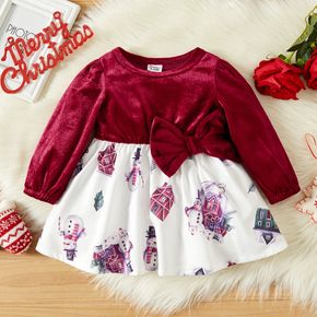 Christmas Snowman Print Baby Girl Splicing Velvet Long-sleeve Bowknot Dress