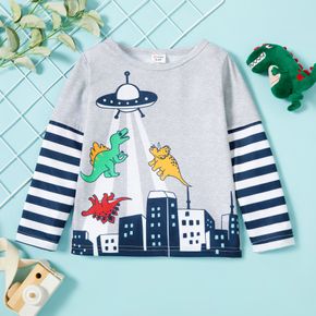 Toddler Boy Dinosaur UFO Building Print Stripe Long-sleeve Tee