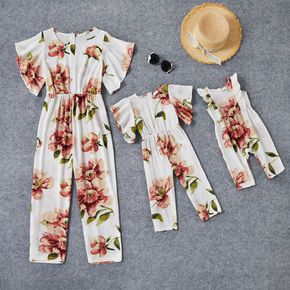 Floral Print Ruffle Sleeve Matching White Jumpsuits