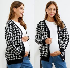 Houndstooth Print Long-sleeve Maternity Knit Cardigan
