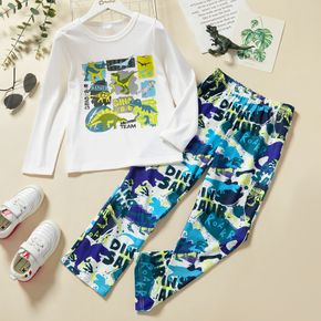 2-piece Kid Boy Letter Dinosaur Print Long-sleeve White Tee and Elasticized Pants Sleepwear Pajamas Set