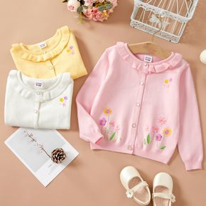 Baby Girl Floral Embroidered Solid Ruffle Collar Long-sleeve Knitted Sweater Cardigan