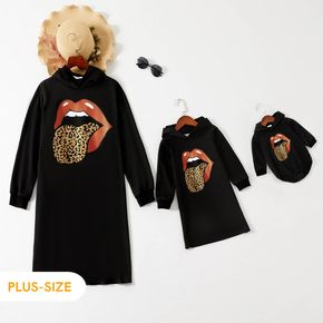 Red Lips Leopard Tongue Print Black Long-sleeve Hoodie Dress for Mom and Me