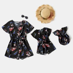 Floral Print Black Shorts Romper for Mom and Me