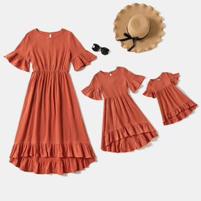 100% Cotton Crepe Solid Coral Half-sleeve Flounce Midi Dress for Mom and Me