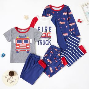 2-piece Toddler Boy Letter Vehicle Print Top and Colorblock/Stripe Pants Lounge Set