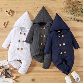 Baby Boy Solid Waffle Double Breasted Long-sleeve Hooded Jumpsuit