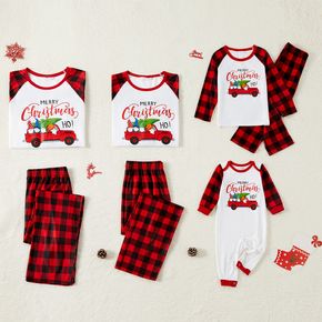 Merry Christmas Family Matching Red Plaid Raglan Long-sleeve Pajamas Sets(Flame Resistant)
