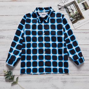 Kid Boy Plaid Tie Dye Letter Print Lapel Collar Button Design Long-sleeve Shirt